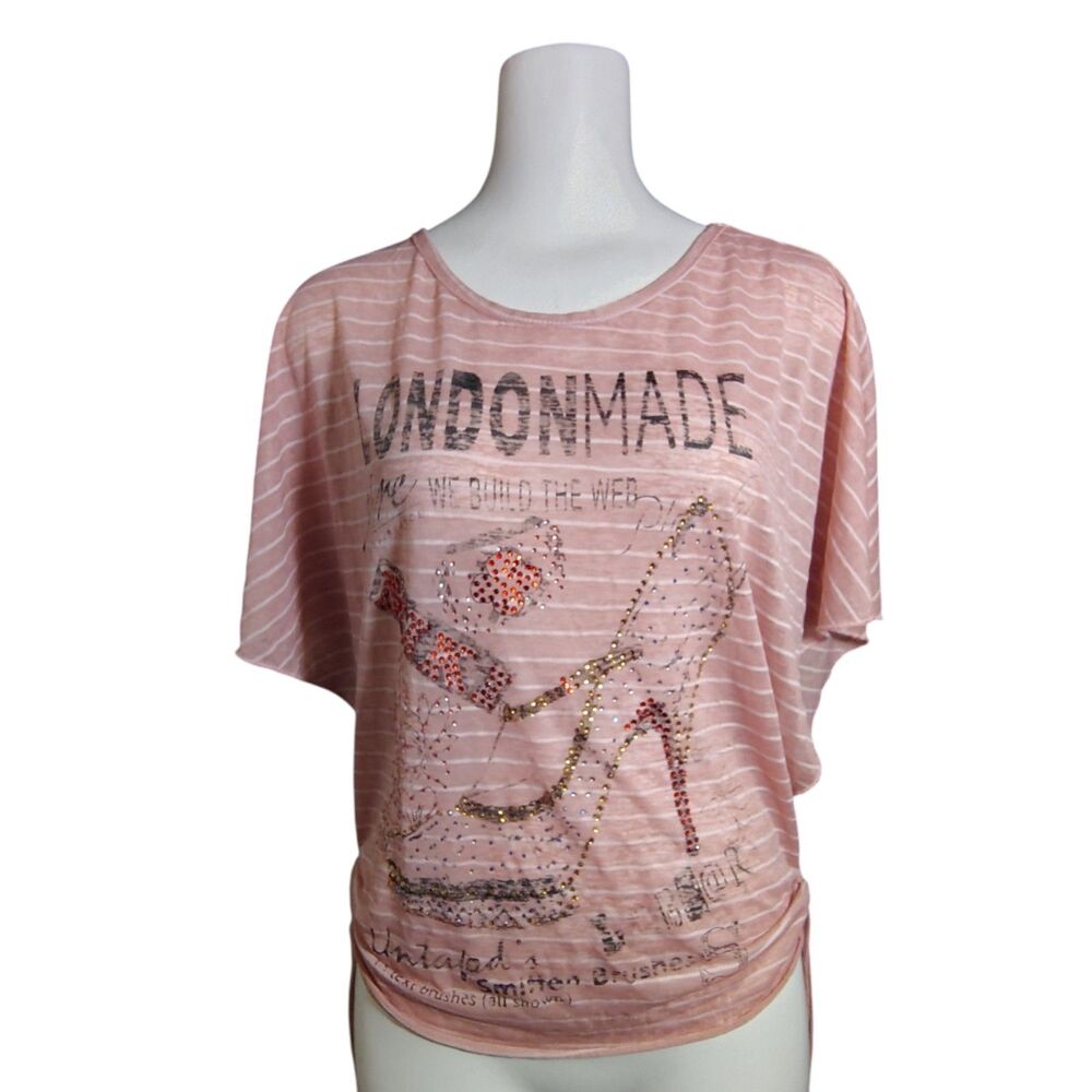 UNBRANDED Women's Striped Rhinestone Dolman T-Shirt Y2K Vintage Pink White 00017